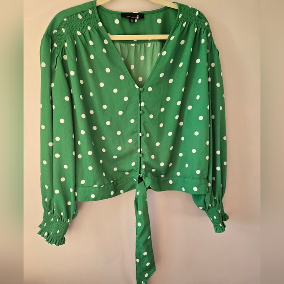 Broadway 38 Tops - Broadway 38 Green Polka Dot Tie-Front Blouse xl